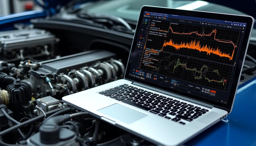 Technicus die een motor tunet met gespecialiseerde software